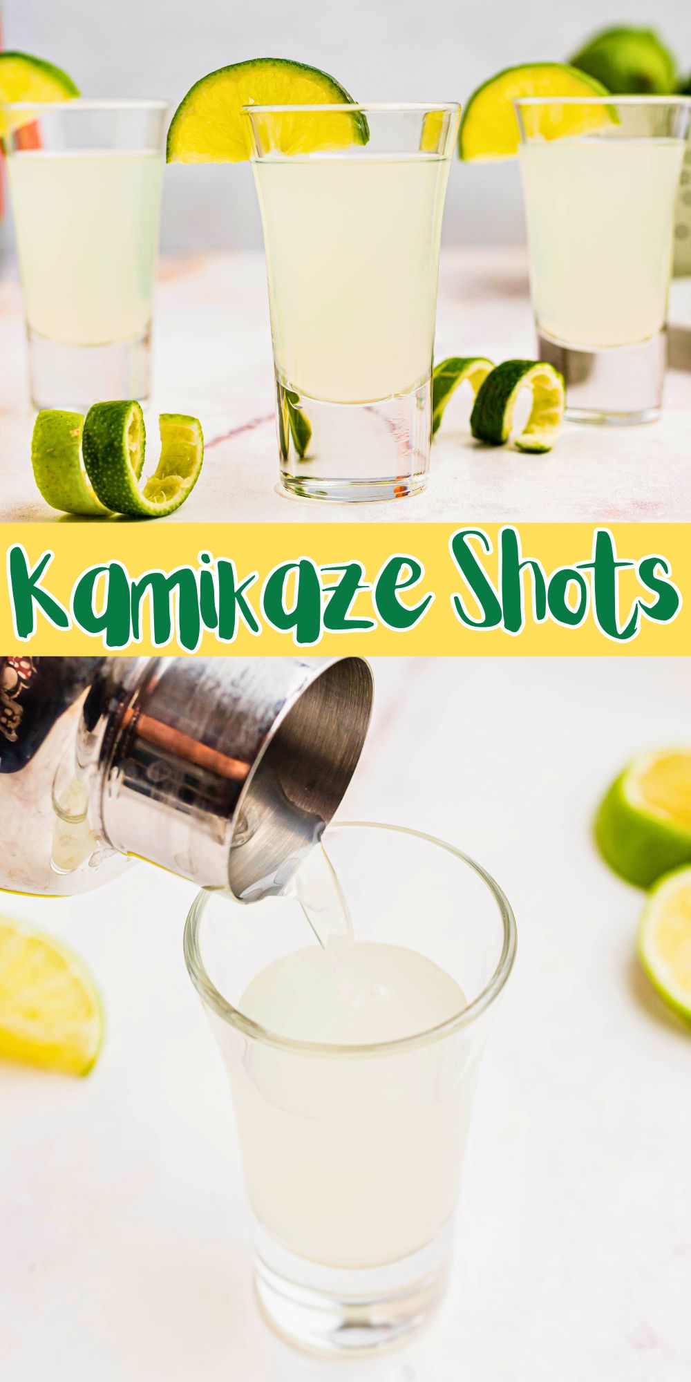 Kamikaze shots in shot glasses with lime wedges as garnish and alcohol being poured into shot glass.