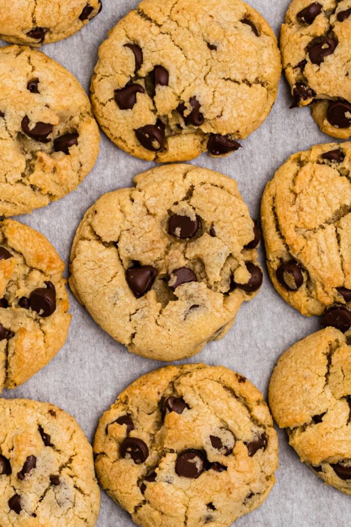 Golden baked peanut butter chocolate chip cookies laid out on a table together. 