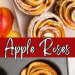 Apple roses on a white rectangle plate, then sprinkled with powdered sugar.