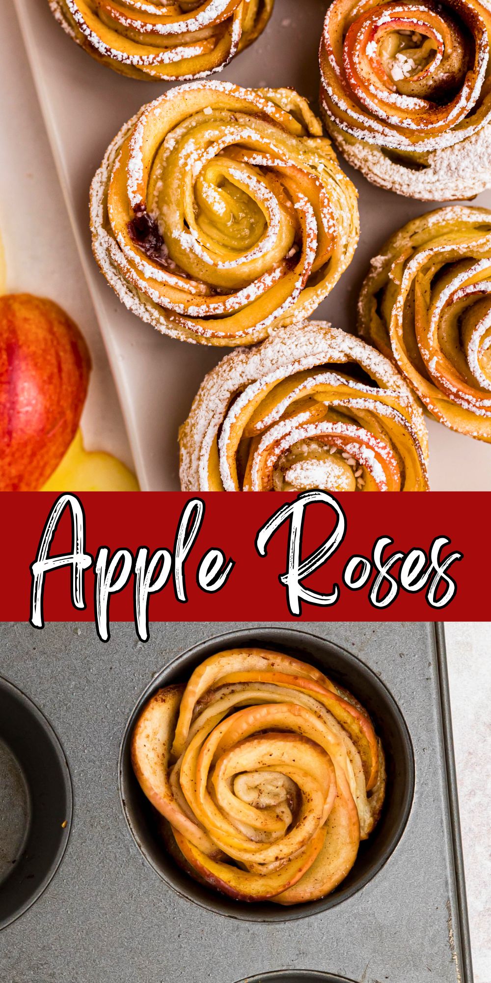 Apple roses on a white rectangle plate, then sprinkled with powdered sugar.