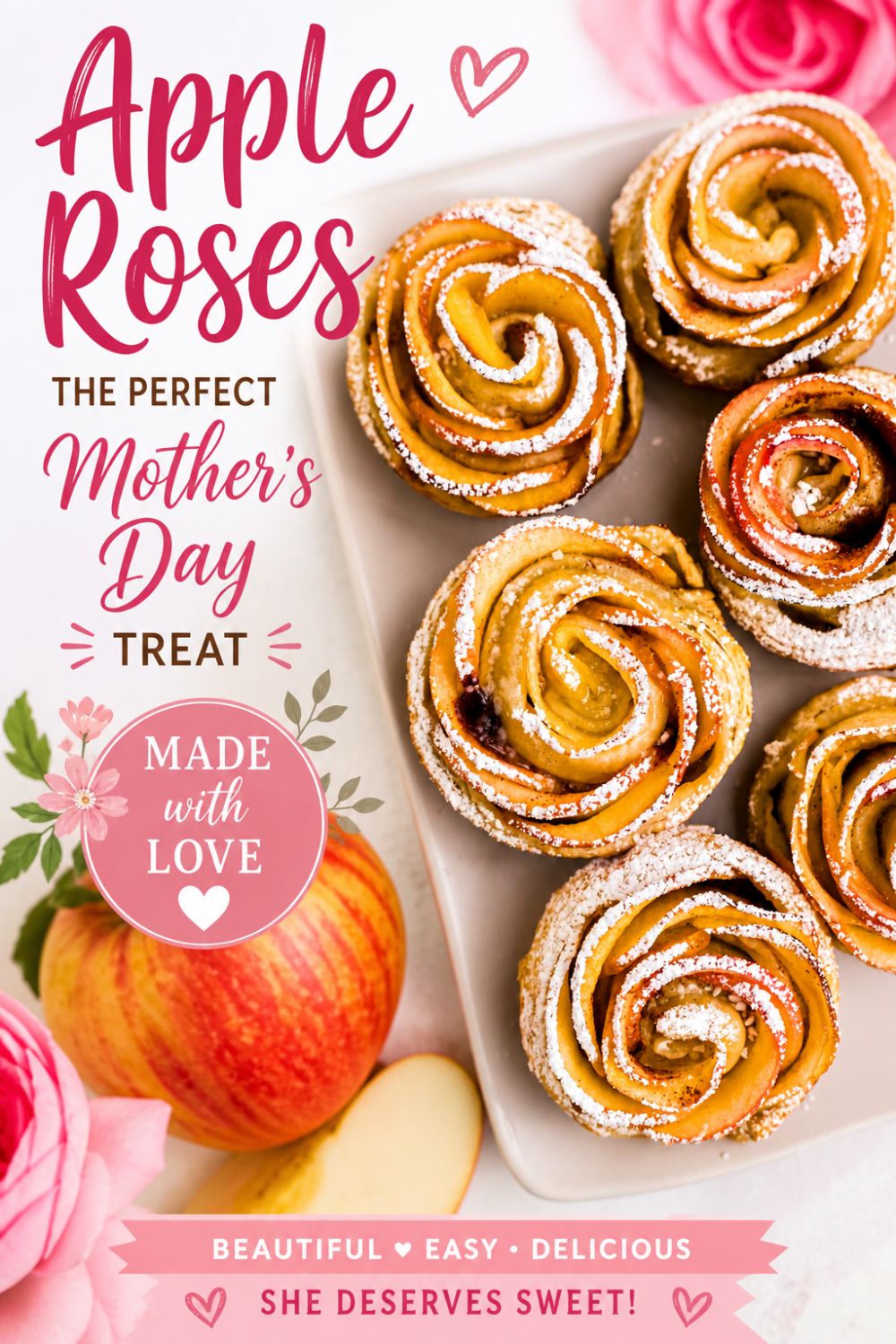 Apple roses on a white rectangle plate, then sprinkled with powdered sugar.