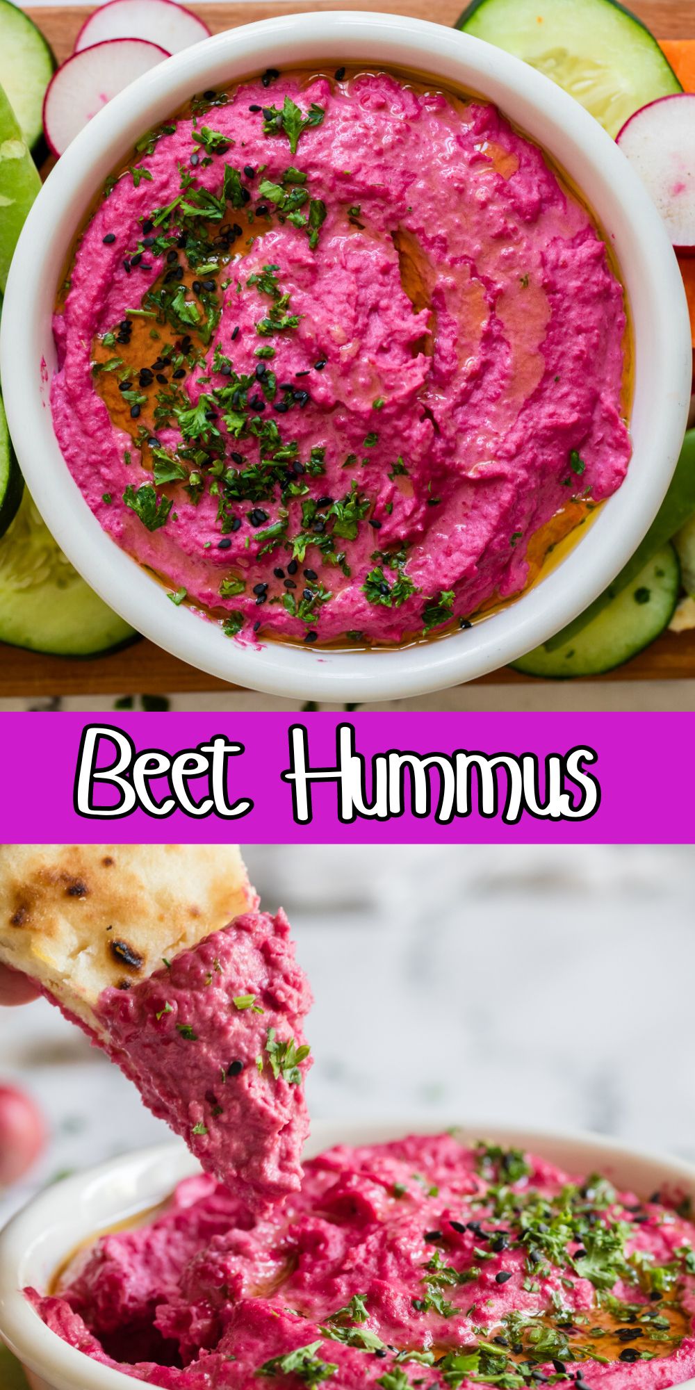 Bright pink hummus in a small white bowl with a pita chip being dipped in the bowl.