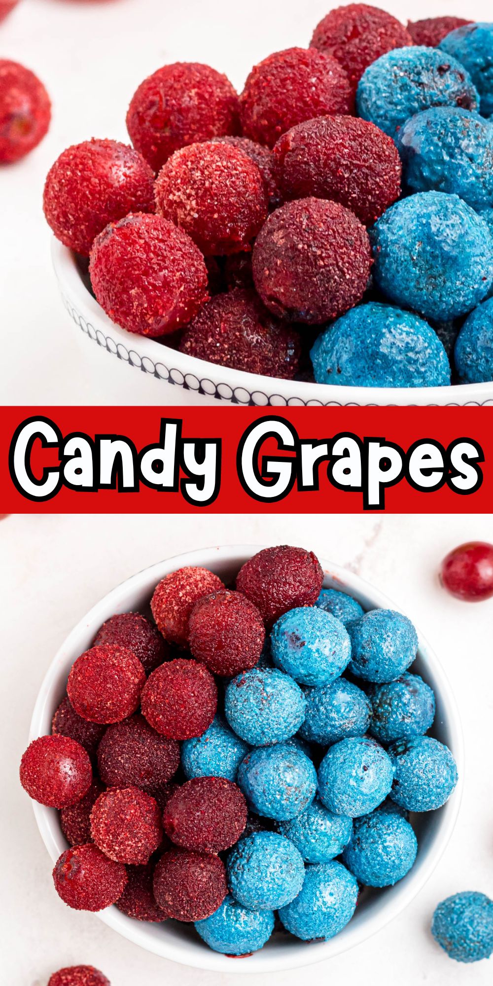 Red and blue coated grapes stacked in a white bowl.