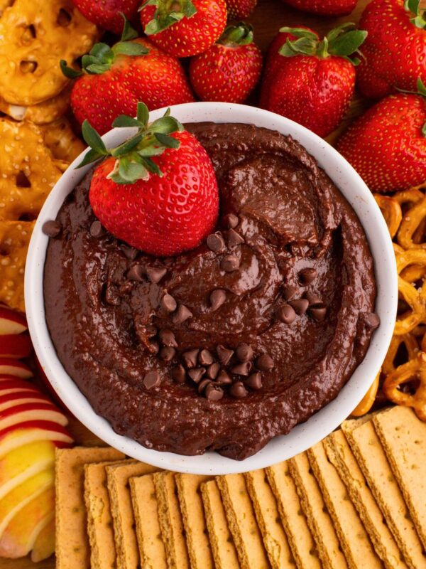 Chocolate hummus in a white bowl with a golden serving spoon in the center, with dipping items like strawberries and pretzels around the bowl.