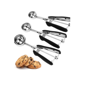 3 cookie scoops in different sizes.