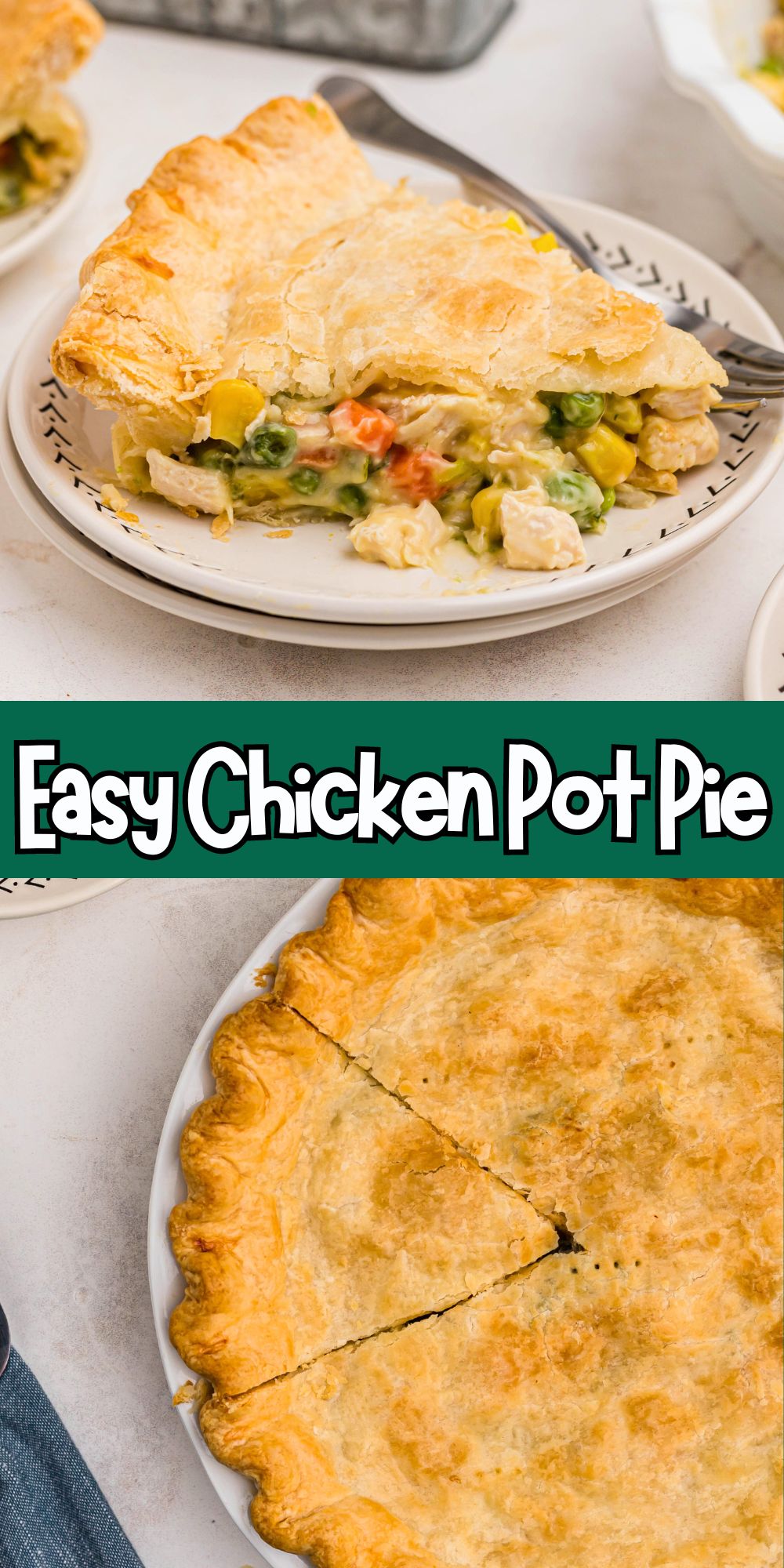 Golden pot pie filled with chicken and veggies, on a small white plate and shown as a whole pie with a slice cut.