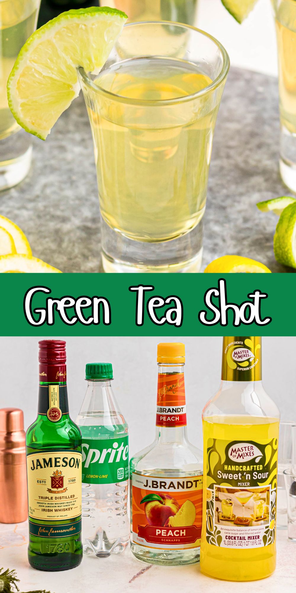 Green tea shot mixed and in small shot glass along with image of the ingredients needed to make the drink.