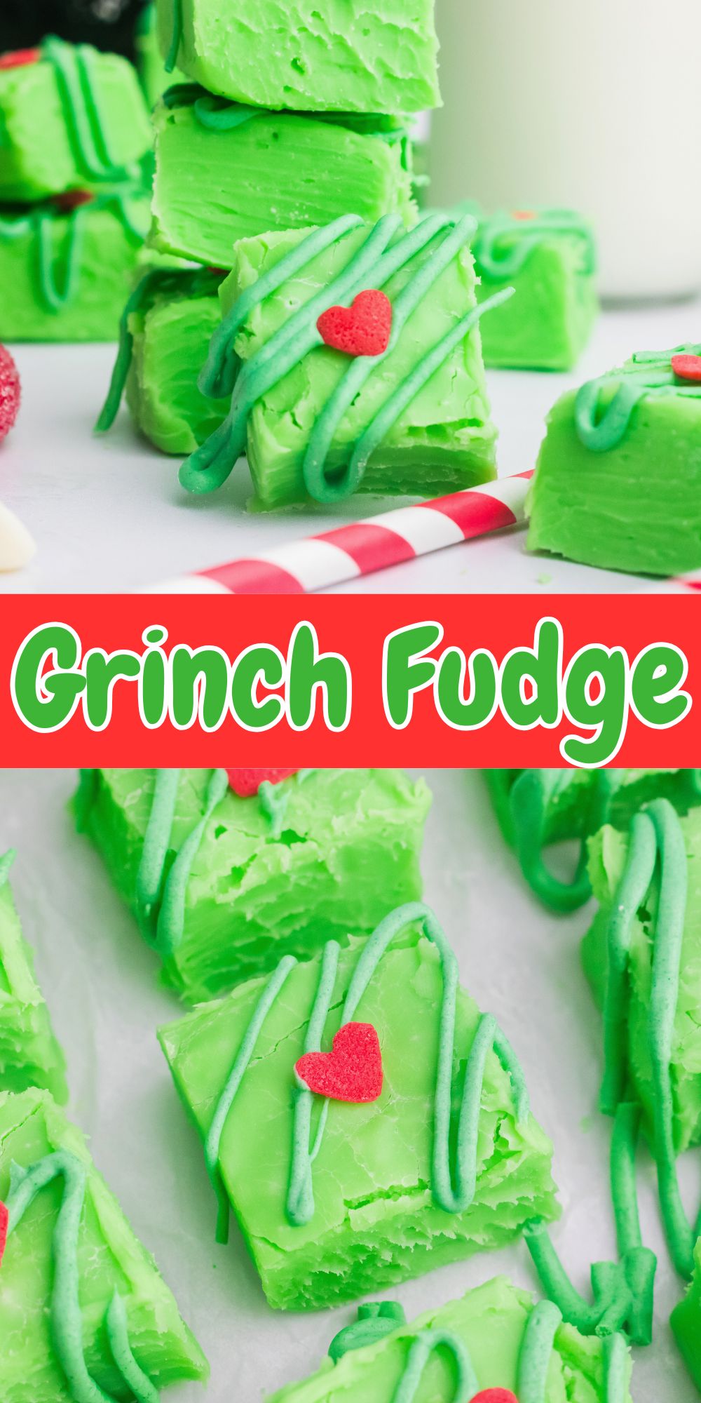 Bright green squares of fudge cut on a white table with decorations and a reed straw also on the table.