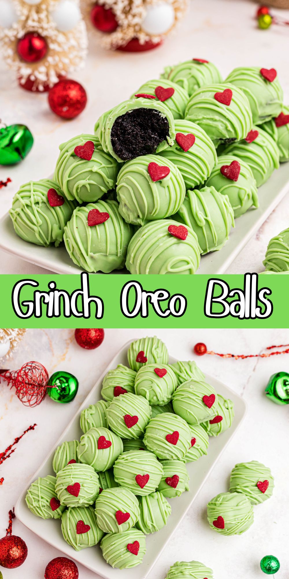 Green coated Grinch Oreo balls with a red candy heart, stacked on a plate.