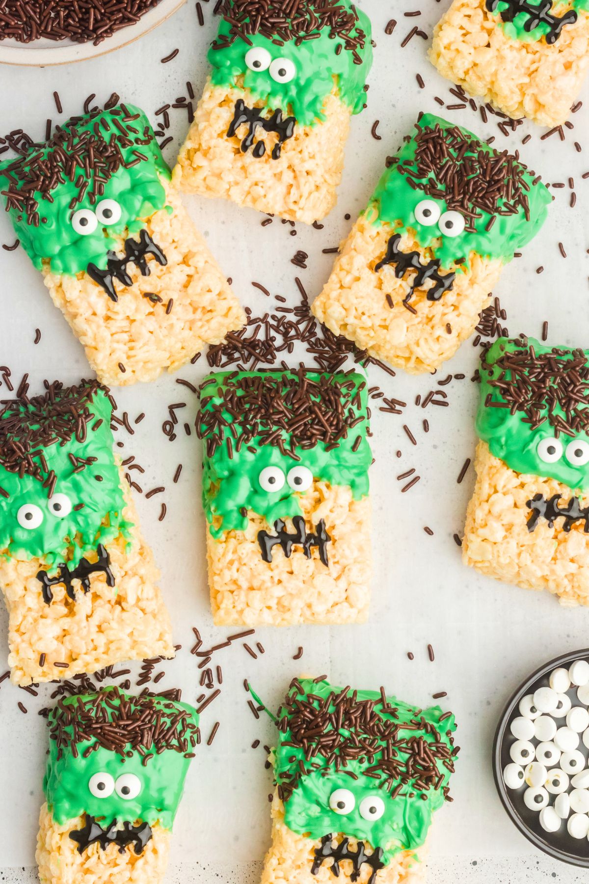 Bright green Halloween rice krispie treats in the shape of Frankenstein. 