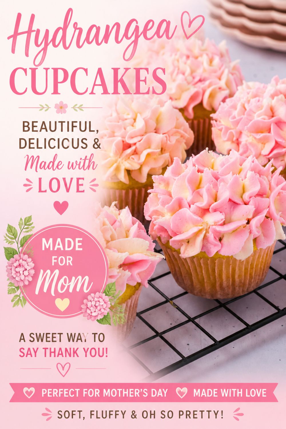 Pink and white frosted cupcakes on a white rectangle plate.