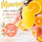 Peach mimosa with an orange slice for garnish on a white marble table.