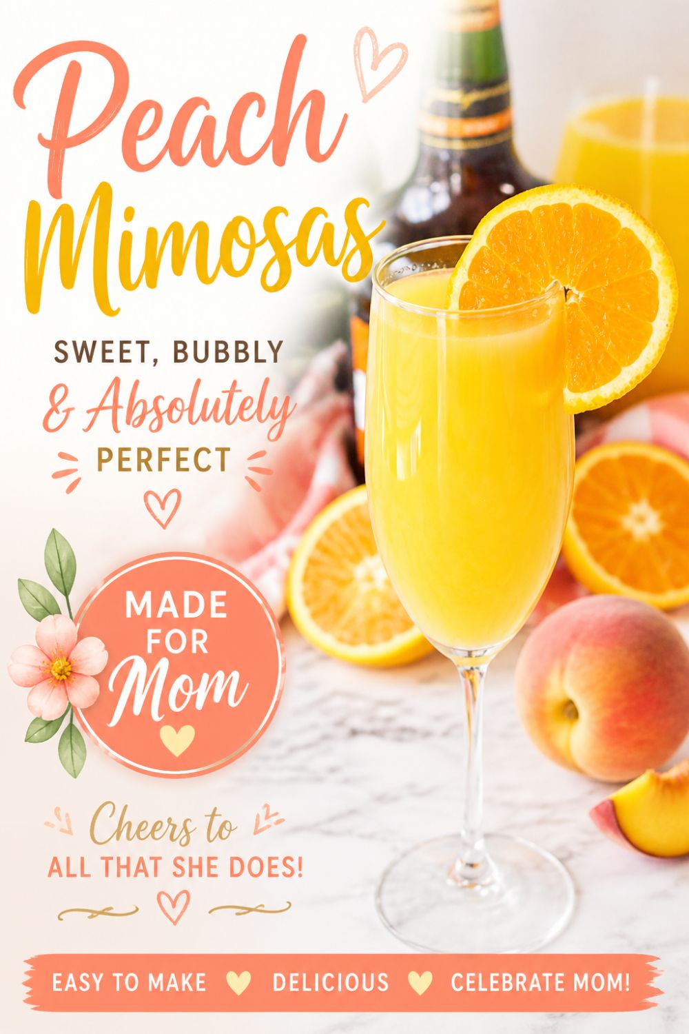 Peach mimosa with an orange slice for garnish on a white marble table.