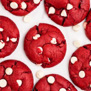 Red velvet cake mix cookies with white chip on a marble table.