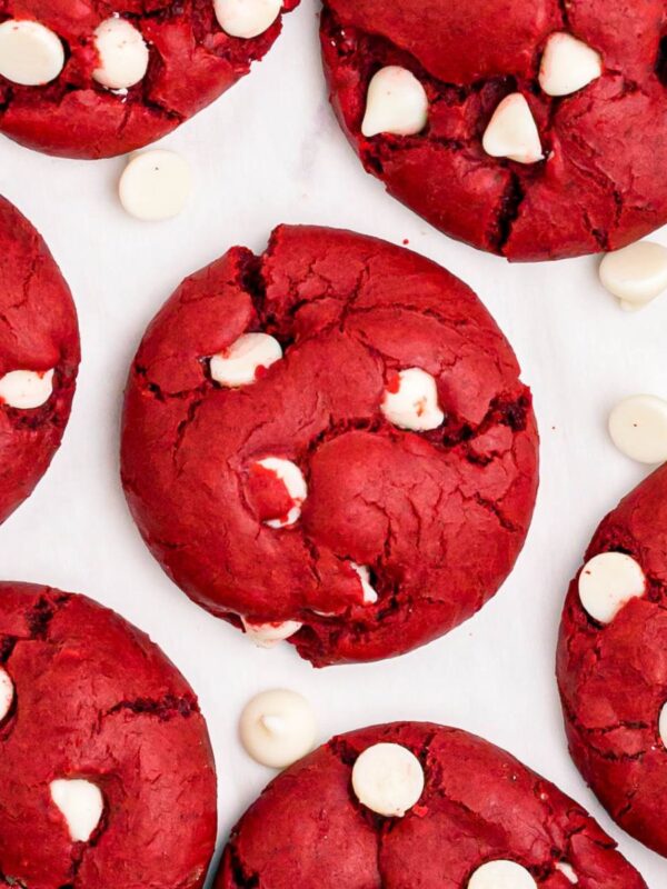 Red velvet cake mix cookies with white chip on a marble table.