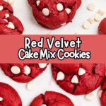 Bright red velvet cookies on a marble table with glasses of milk.