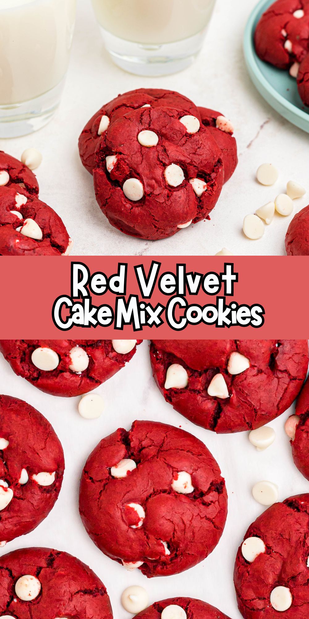 Bright red velvet cookies on a marble table with glasses of milk.