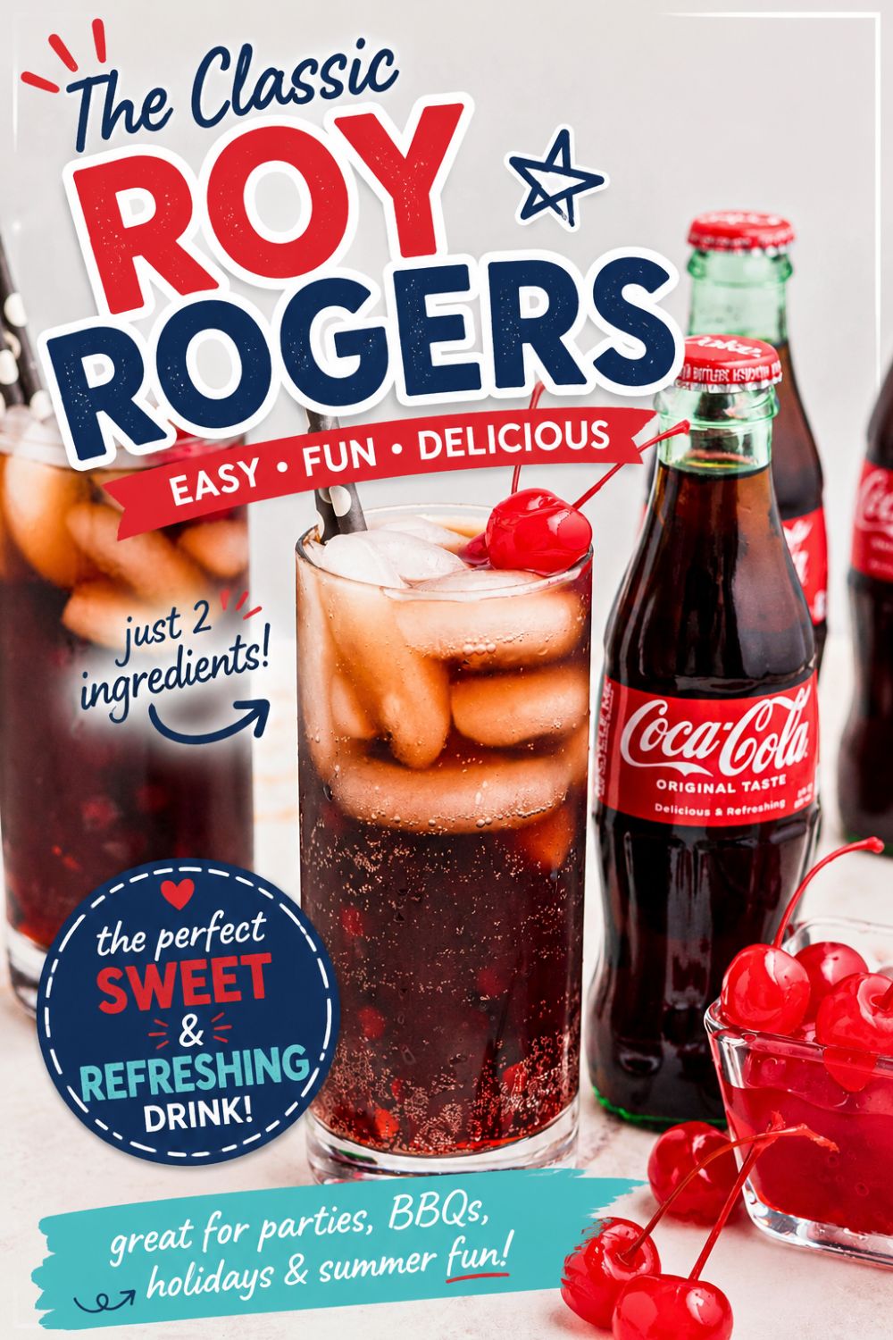 Cola being poured into high ball glass mixed with grenadine and topped with cherry, over ice.