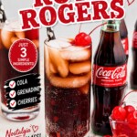 Cola being poured into high ball glass mixed with grenadine and topped with cherry, over ice.