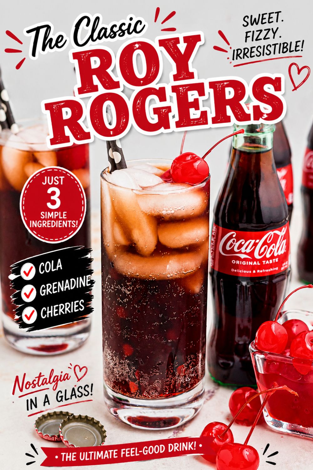 Cola being poured into high ball glass mixed with grenadine and topped with cherry, over ice.