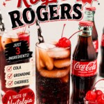 Cola being poured into high ball glass mixed with grenadine and topped with cherry, over ice.