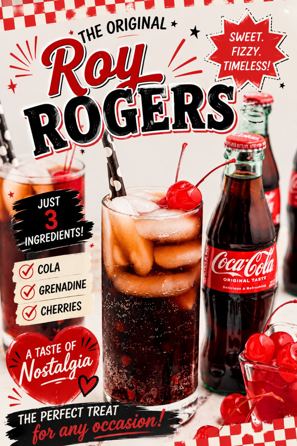 Cola being poured into high ball glass mixed with grenadine and topped with cherry, over ice.