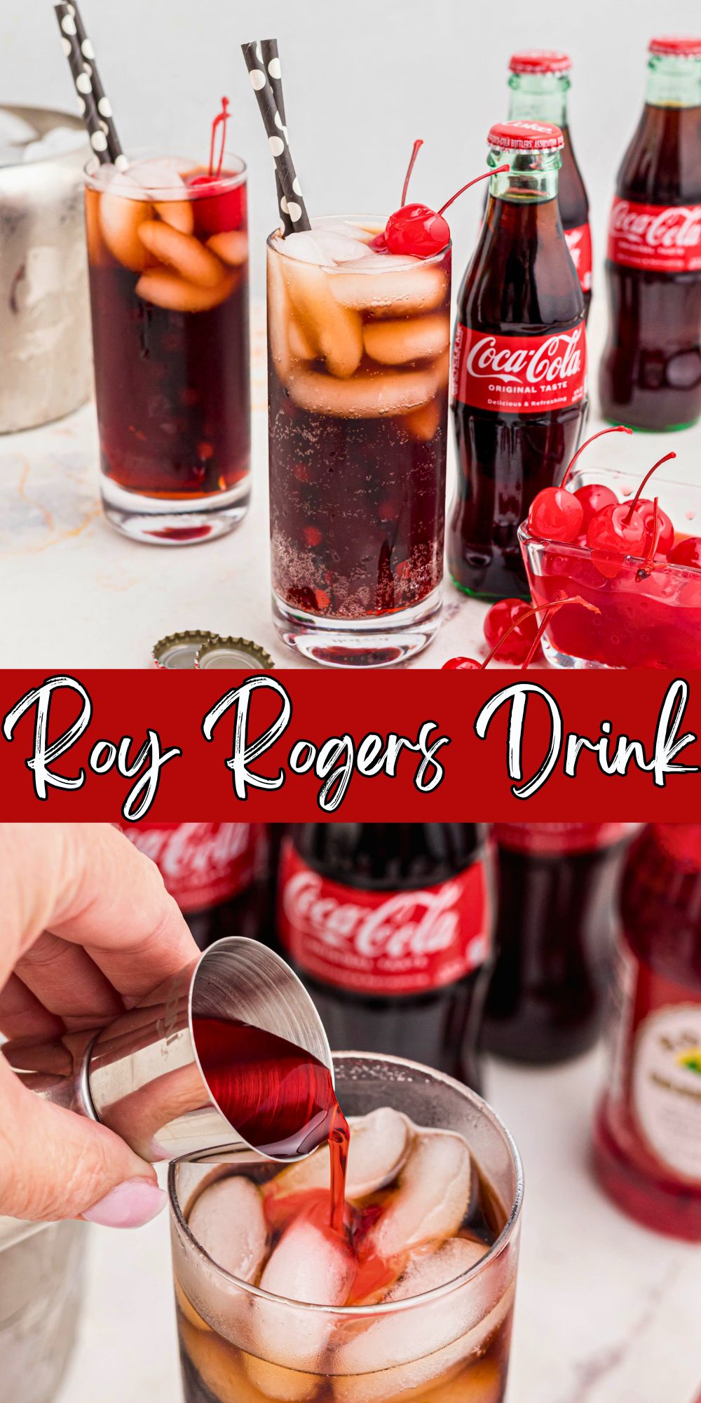 Cola and grenadine mixed in a glass filled with ice, and topped with cherries on a marble table and a photo of grenadine being mixed in to cola in a glass over ice.