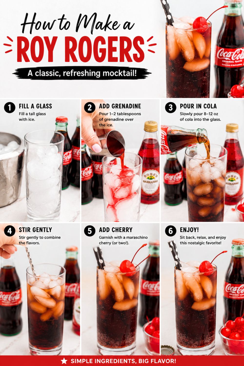 Cola being poured into high ball glass mixed with grenadine and topped with cherry, over ice.