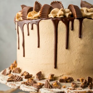 Chocolate cake covered in peanut butter frosting with a chocolate ganache drizzle down the sides.