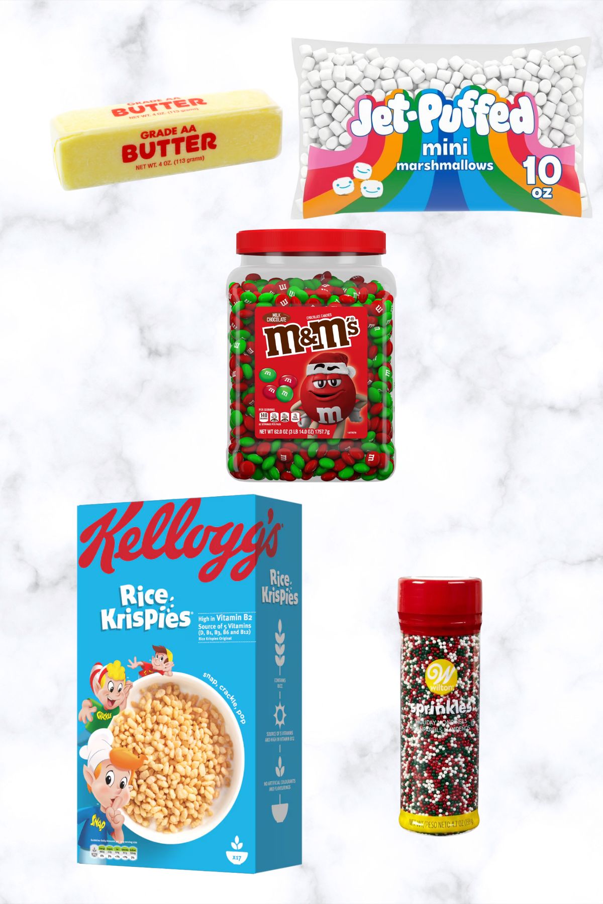 Pictures of ingredients needed to make Christmas rice krispie treats on a marble table. 