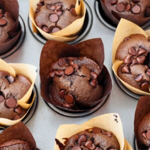 Chocolate muffins in paper liners after being baked in the oven.