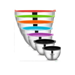 Stainless steel mixing bowl set with color lids.