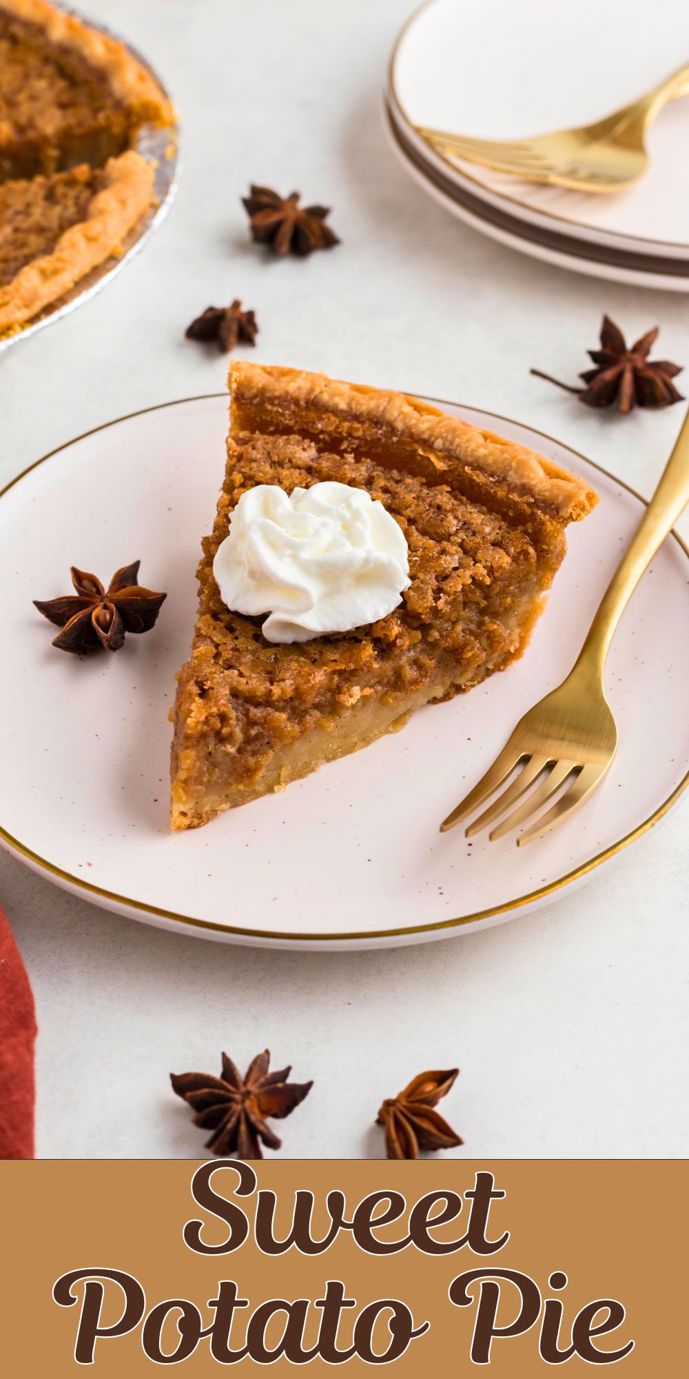 Slice of sweet potato pie on a white plate with a gold fork.