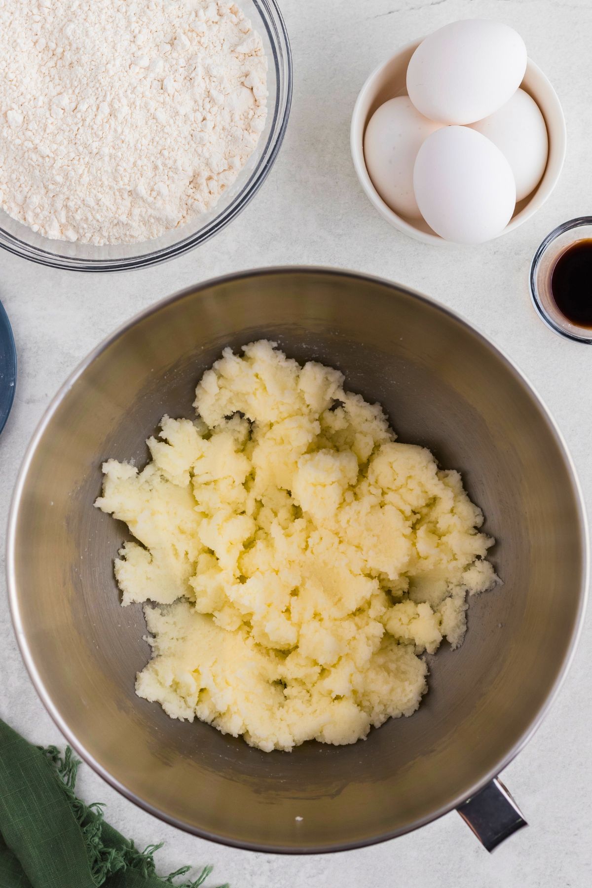 Fluffy butter and sugar together in a mixing bowl. 