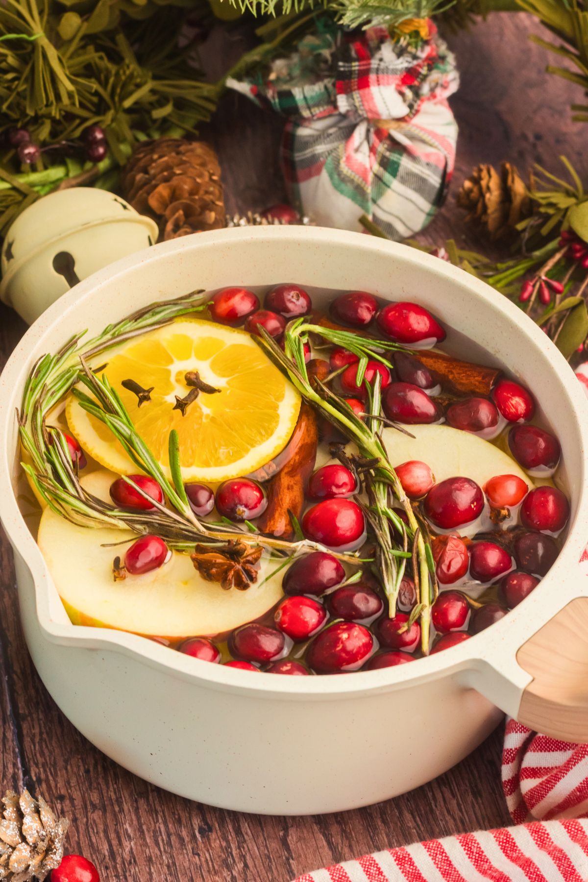 Cream colored saucepan filled with water, cranberries, fruit slices, and other ingredients to make a Christmas simmer pot. 