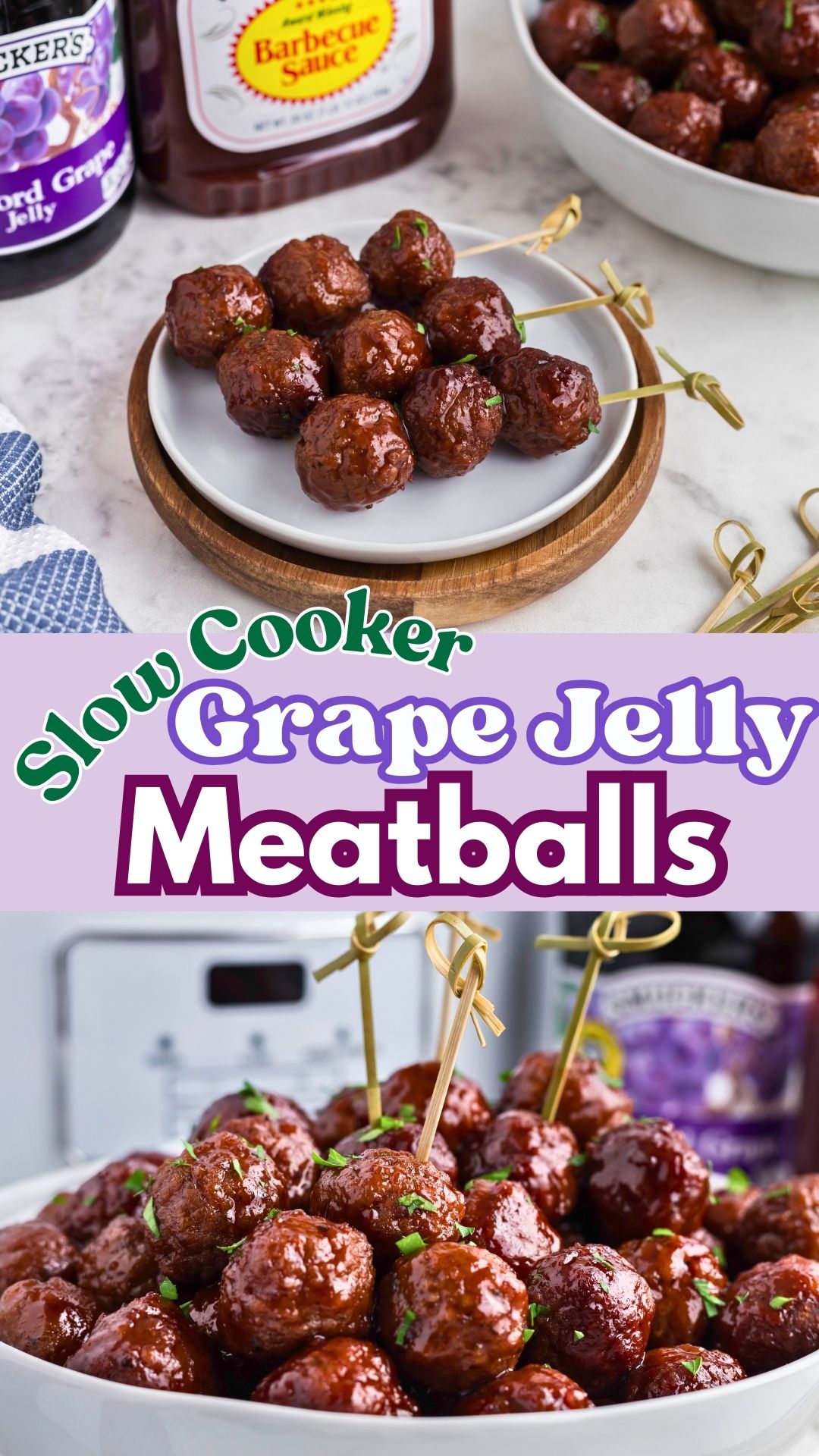 Grape jelly meatballs in a white bowl with skewers on the table, in front of a jar of grape jelly, bbq sauce, and the slow cooker and some on a small white plate.