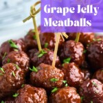 Juicy meatballs cooked in the slow cooker in a large white bowl.