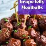 Juicy meatballs cooked in the slow cooker in a large white bowl.