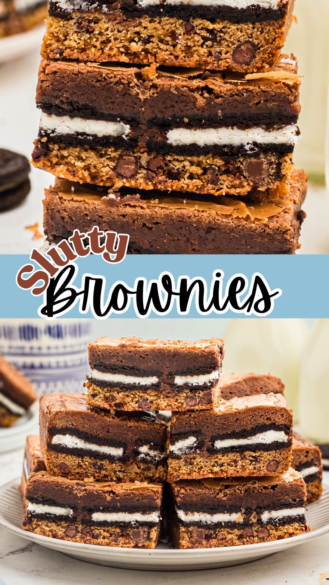 Stacked cookie brownies on a white plate with bottles of milk in the background on the table and three stacked together.