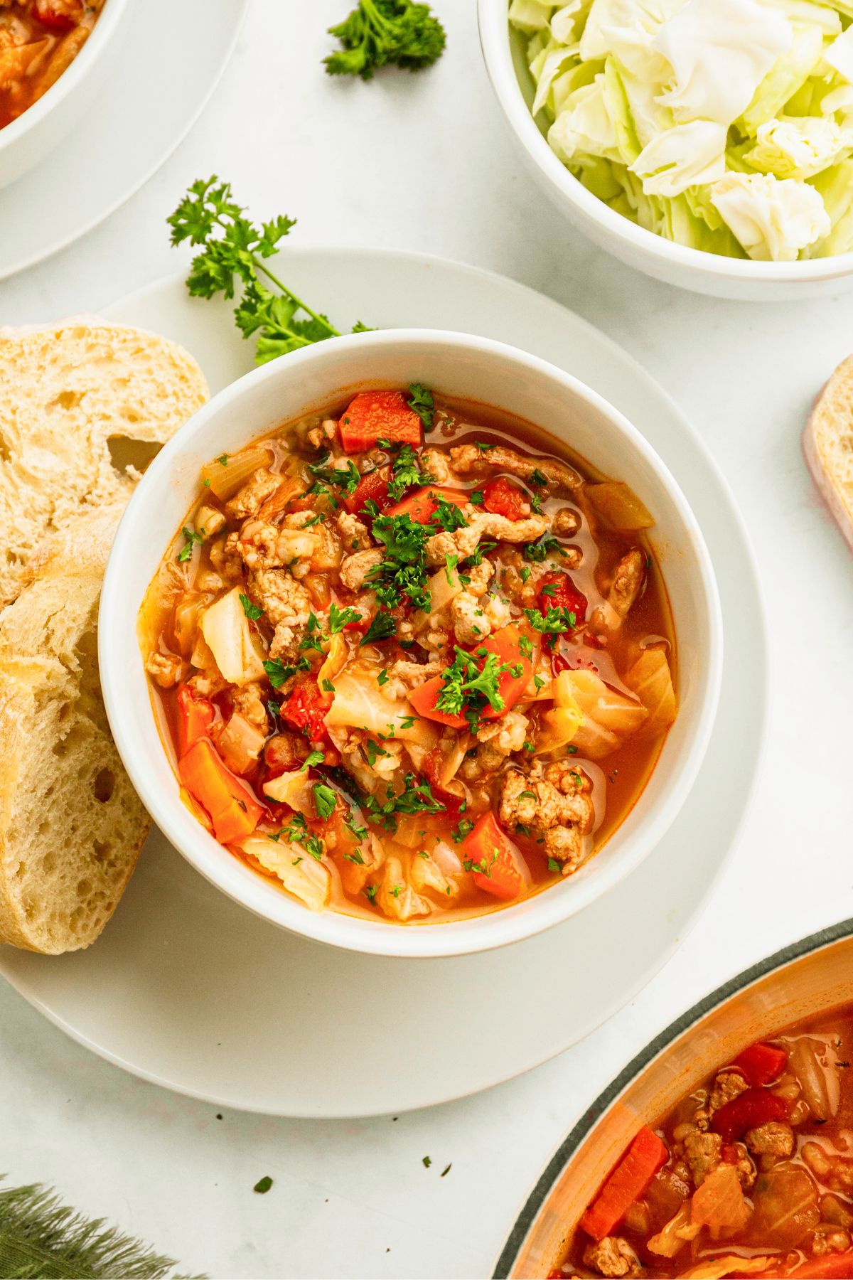 Small white bowl of cabbage roll soup served with a piece of bread and garnished with parsley. 