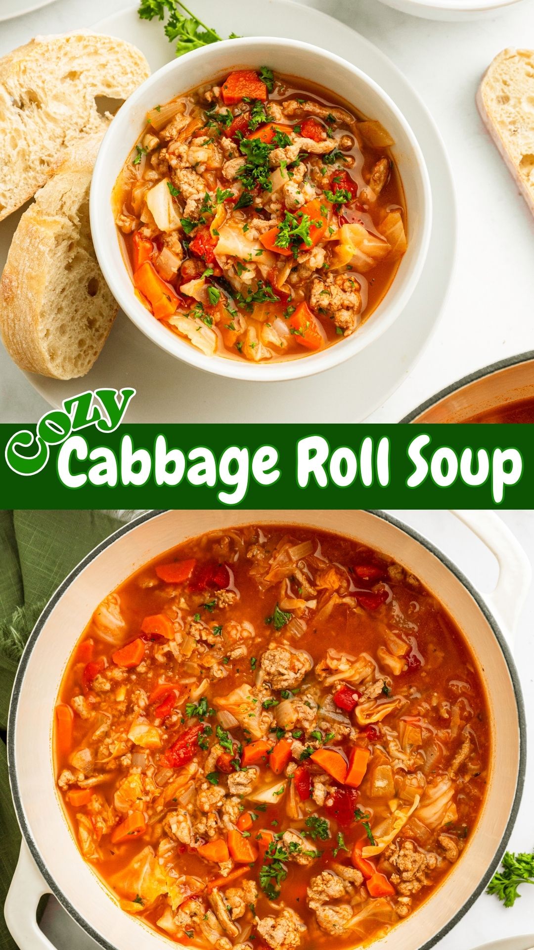 Cabbage roll soup in a white stock pot topped with chopped parsley and shown in small individual serving bowl.