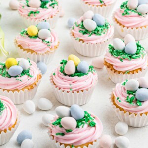 Vanilla cupcakes topped with pink frosting, green coconut, and egg shaped chocolates.