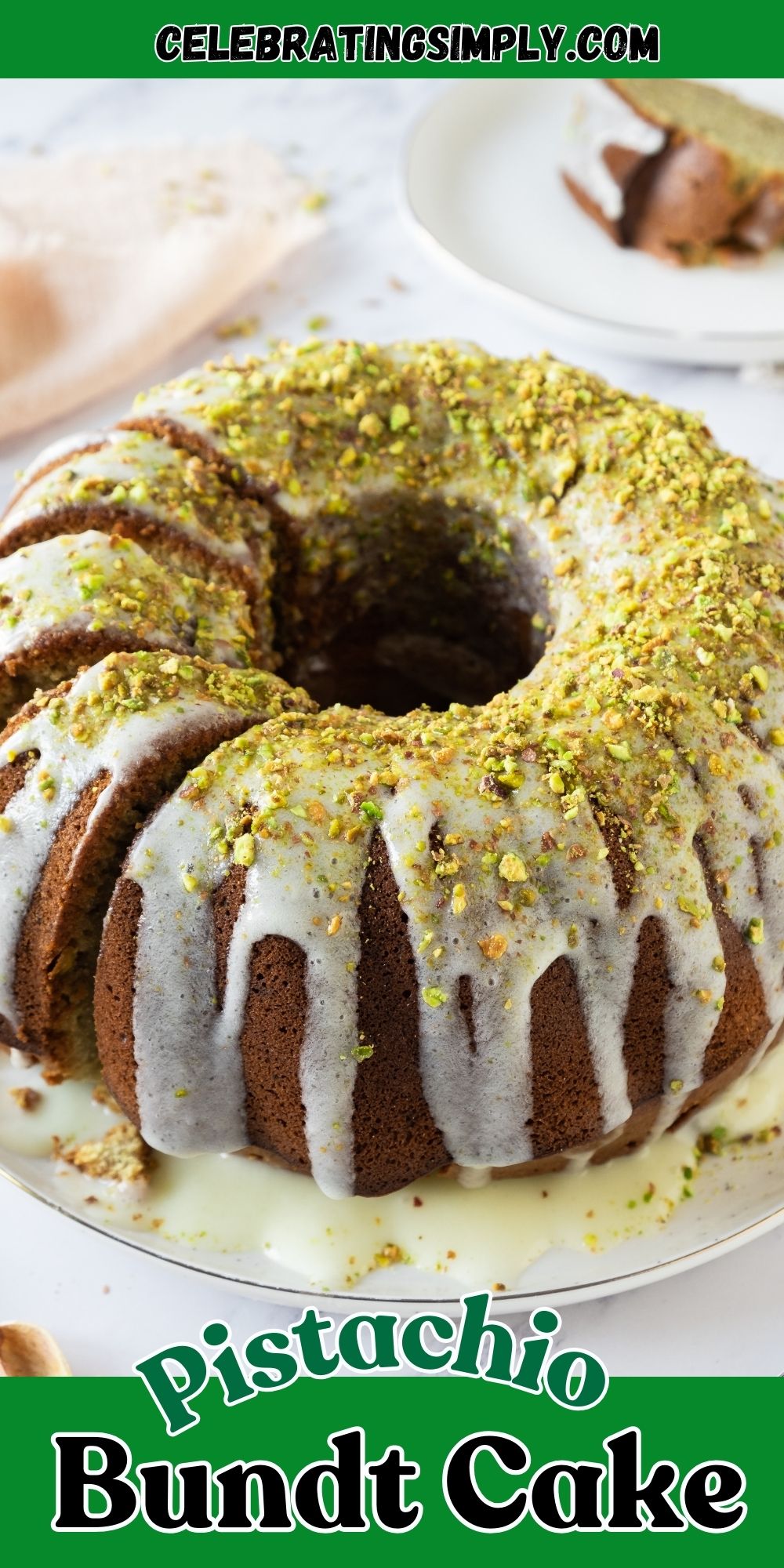 Bundt cake on a platter with a few slices made into the left side of the cake.