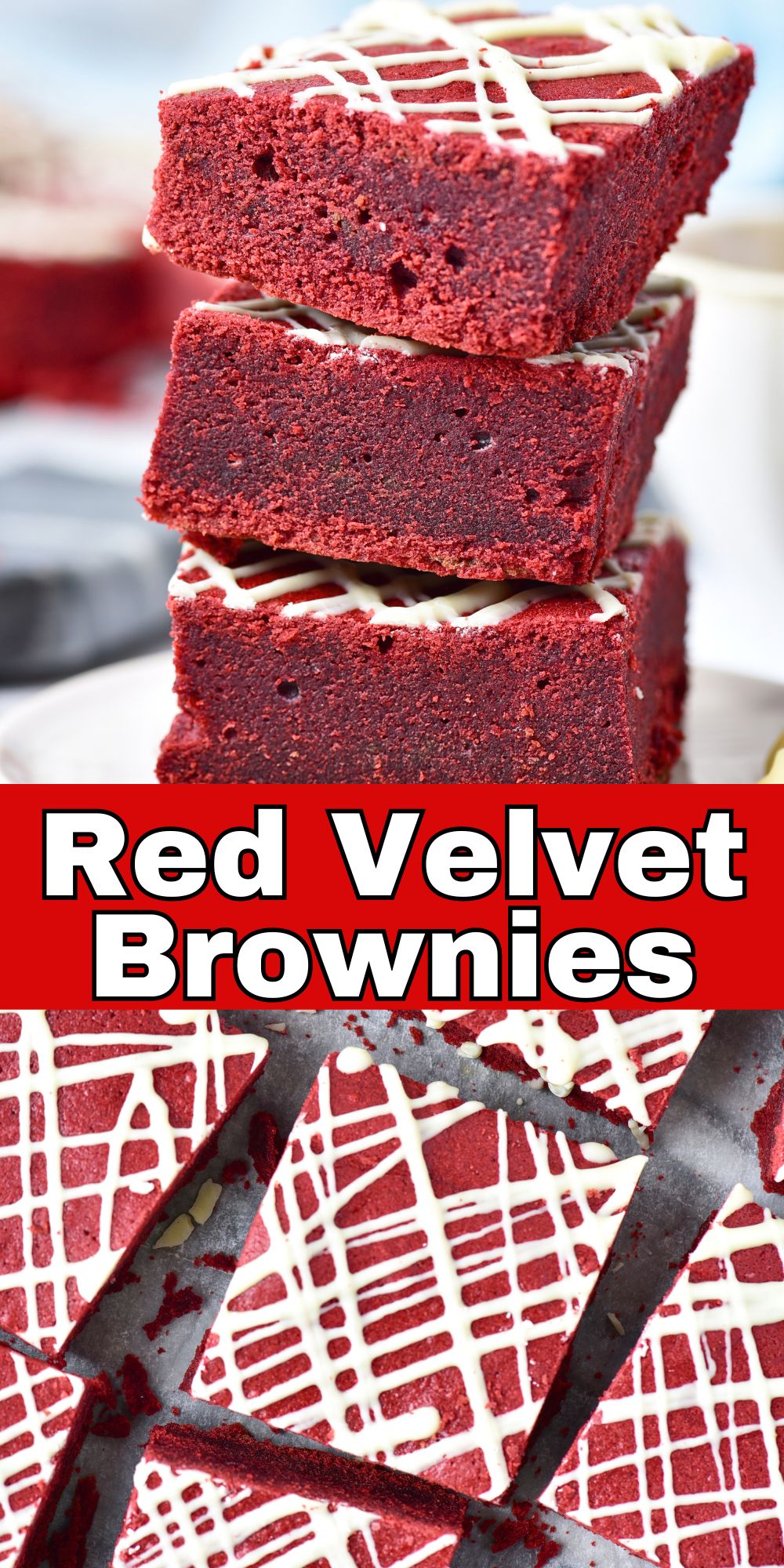 Red velvet brownies cut into squares and stacked on a small white plate and side by side after being cut.