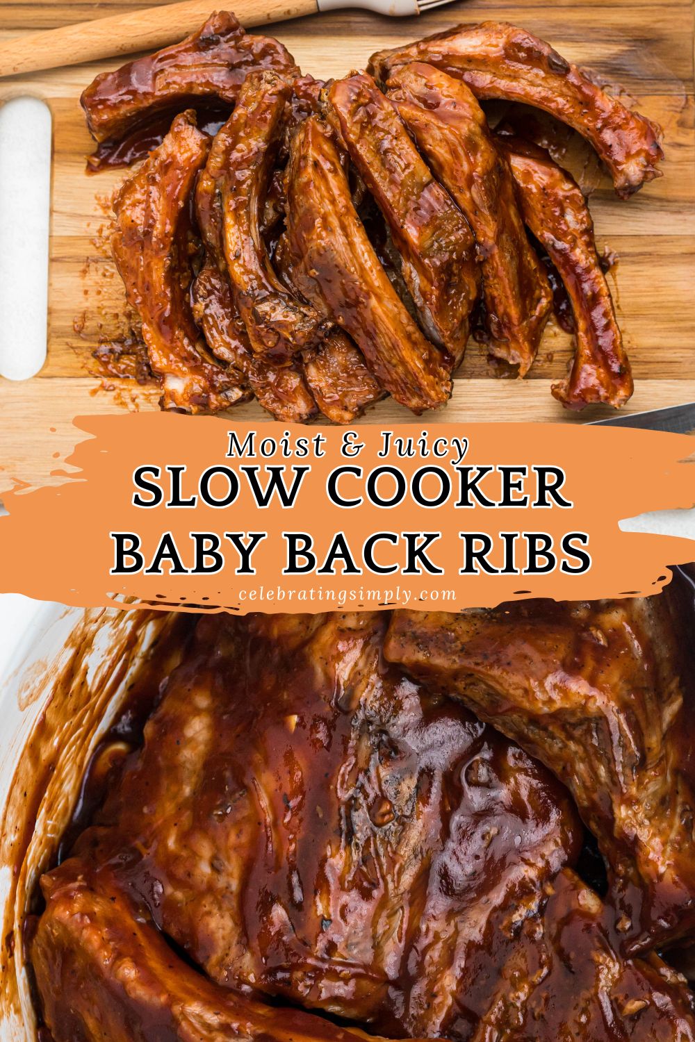 Juicy baby back BBQ ribs on a wooden cutting board and in the slow cooker.