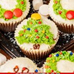 These easy Christmas cupcakes are a festive favorite I love to make during the holiday season. They’re moist, flavorful, perfectly spiced with eggnog, then topped with the most adorable decorations!