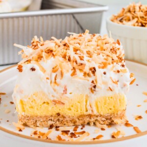 Vanilla pudding and cream cheese mixture over a cookie crumb, then topped with whipped cream and coconut flakes.