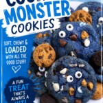 Cookie Monster Cookies piled on a white plate with mini cookies, Oreo pieces, chocolate chips, and candy eyes. Fun blue Pinterest graphic with playful text describing soft and chewy homemade cookies perfect for parties and dessert tables.