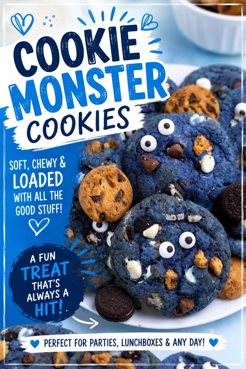 Cookie Monster Cookies piled on a white plate with mini cookies, Oreo pieces, chocolate chips, and candy eyes. Fun blue Pinterest graphic with playful text describing soft and chewy homemade cookies perfect for parties and dessert tables.