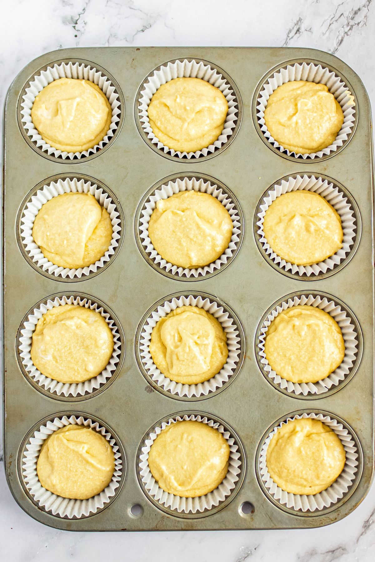 Close up photo of uncooked cupcakes in  muffin liners. 